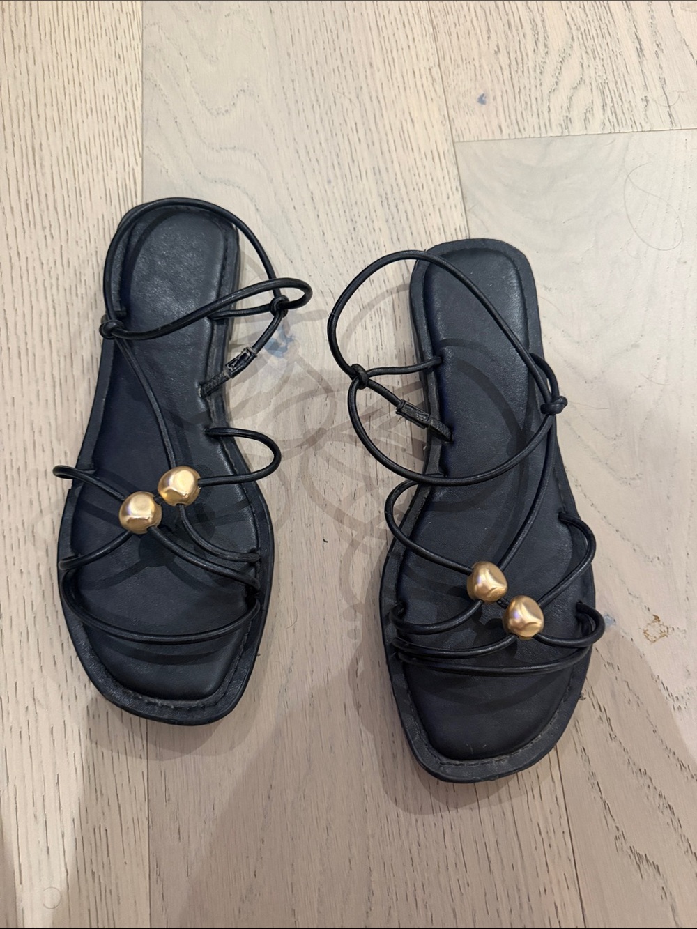 Dolce Vita Black Lace-Up Slide Sandals with Gold Bead Detail